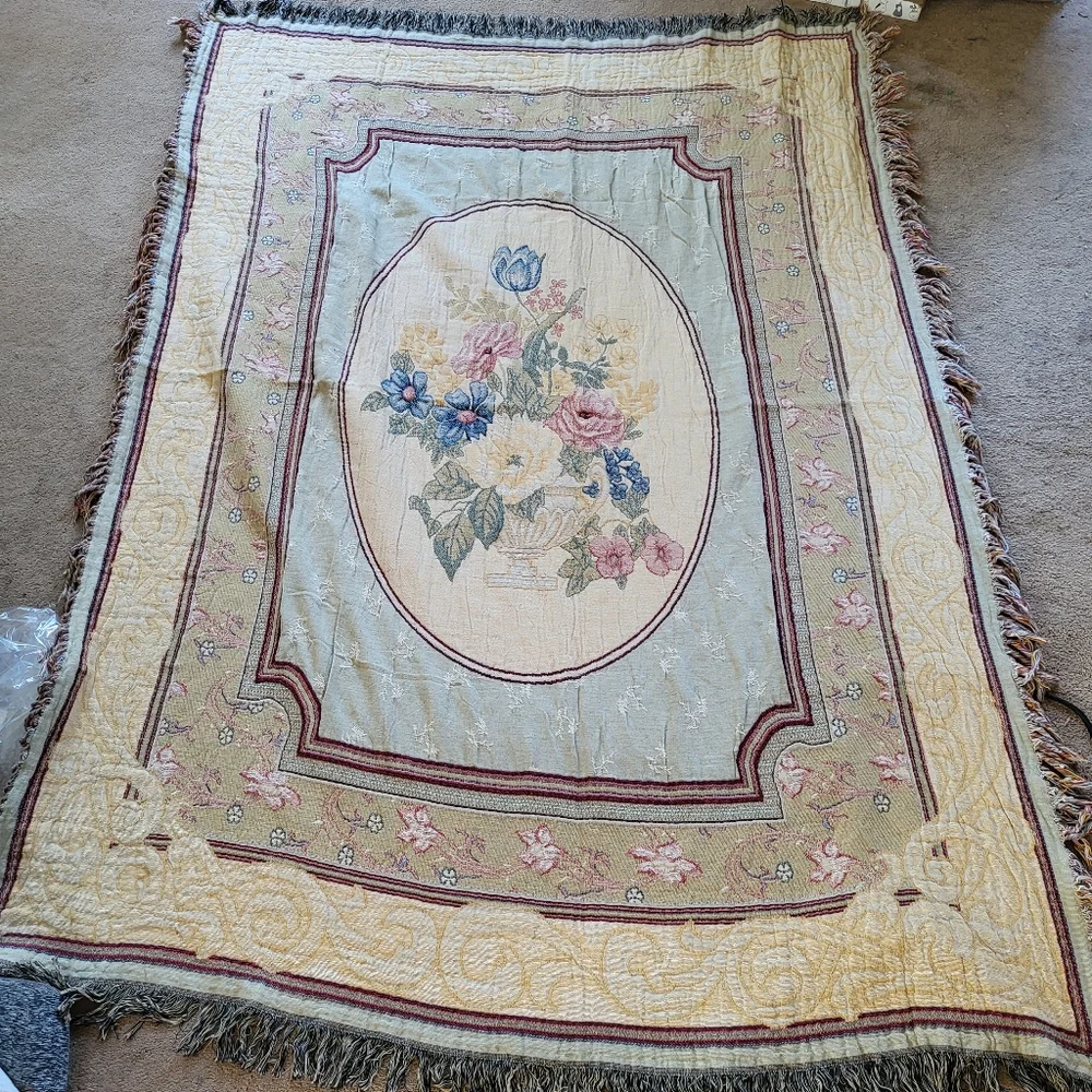 Floral Woven Cotton Tapestry Fringed Throw Blanket